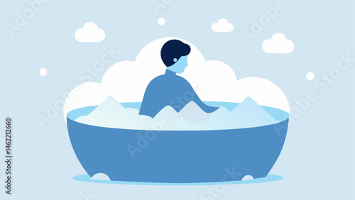 Ice Bath Setup A person sitting in a large tub filled with ice and water surrounded by frosty air with a serene expression showing relaxation and focus.