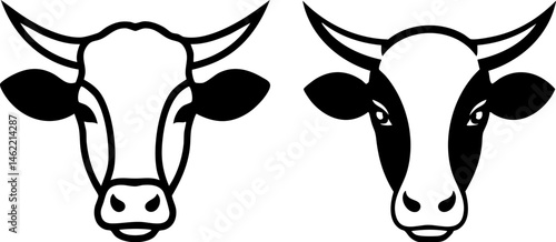 Two stylized cow heads are depicted in black and white, showcasing differing patterns. Great for farm-related branding or educational materials.