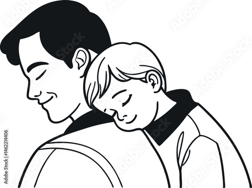 Heartwarming Line Drawing of Young Dad Carrying Sleepy Son  Father’s Day Vector Art