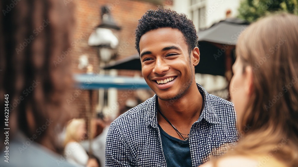 Young man smiling and talking with friends outdoors Young man smiling and talking with friends outdoors