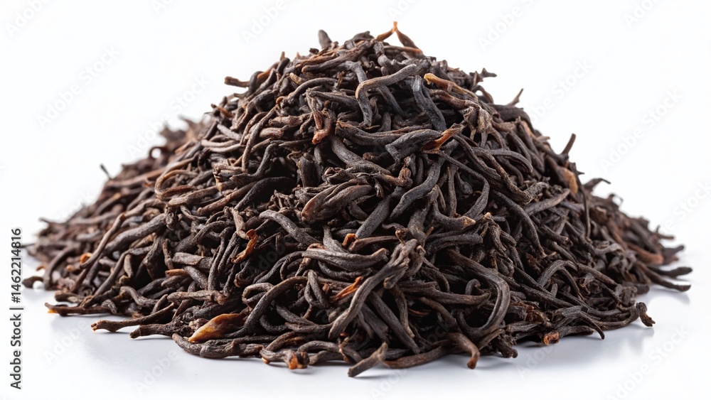 High-Resolution Image: Neat Pile of Dried Black Tea Leaves on White Background - Perfect for Editorial & Commercial Use High-Resolution Image: Neat Pile of Dried Black Tea Leaves on White Background - Perfect for Editorial & Commercial Use