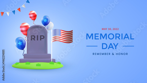 Memorial Day Tribute with Tombstone, Balloons, and American Flag