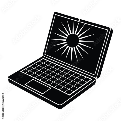 Laptop with solar flare on white background