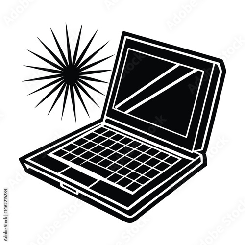 Laptop with solar flare on white background