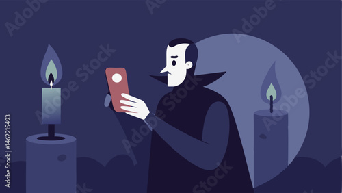 Mysterious Glow A slightly mysterious scene where the vampire holds a smartphone their eyes glinting as they await their selfie to snap. The mirror showcases an elaborate