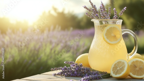 Refreshing summer botanical drink on wooden table in lavender farm