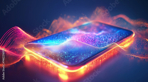 Futuristic mobile phone with glowing display surrounded by vibrant digital waves, showcasing advanced technology and innovation