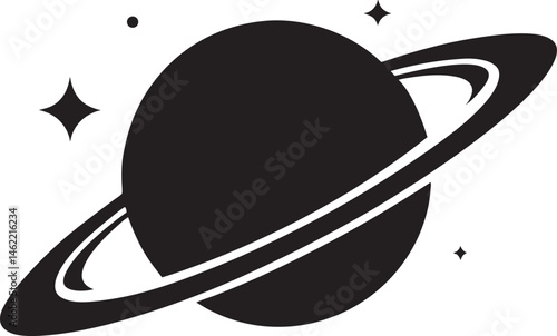 Saturn Silhouette, Planet Saturn with planetary ring vector, cosmos and planet black silhouette, vector illustration