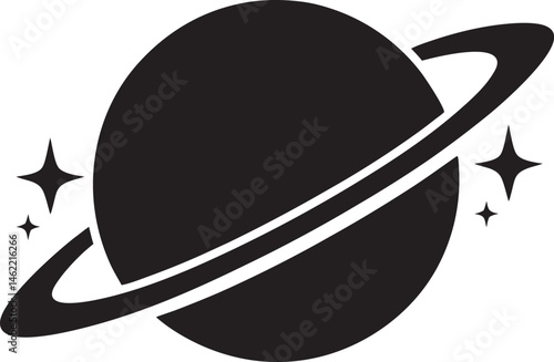 Saturn Silhouette, Planet Saturn with planetary ring vector, cosmos and planet black silhouette, vector illustration