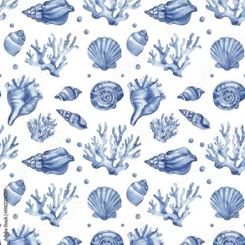 Wallpaper Mural Watercolor sea shells and coral seamless pattern nautical ocean beach theme summer background marine illustration Torontodigital.ca