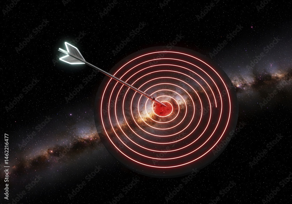 Arrow hitting the center of a target in space.