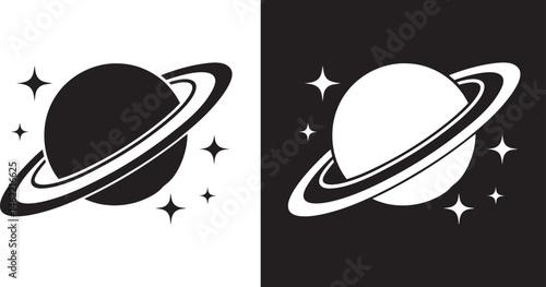 Saturn Silhouette, Planet Saturn with planetary ring vector, cosmos and planet black silhouette, vector illustration