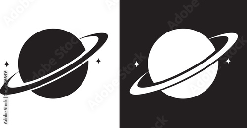 Saturn Silhouette, Planet Saturn with planetary ring vector, cosmos and planet black silhouette, vector illustration