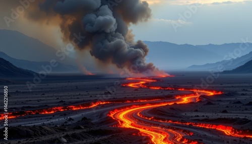 Fotografie thick, viscous streams of glowing magma flow across the surface, leaving behind a trail of scorched earth and billowing black smoke, evoking visions of a fiery apocalypse in a hellish landscape