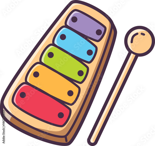 Colorful xylophone toy with mallet Vector Illustration Icon. Flat Cartoon Style