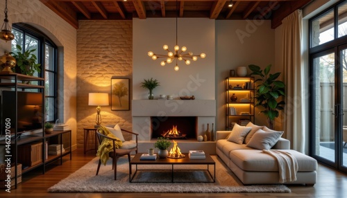 dim lighting fixtures with warm, ambient glow help set the relaxed and intimate vibe of the lo fi chill living room.