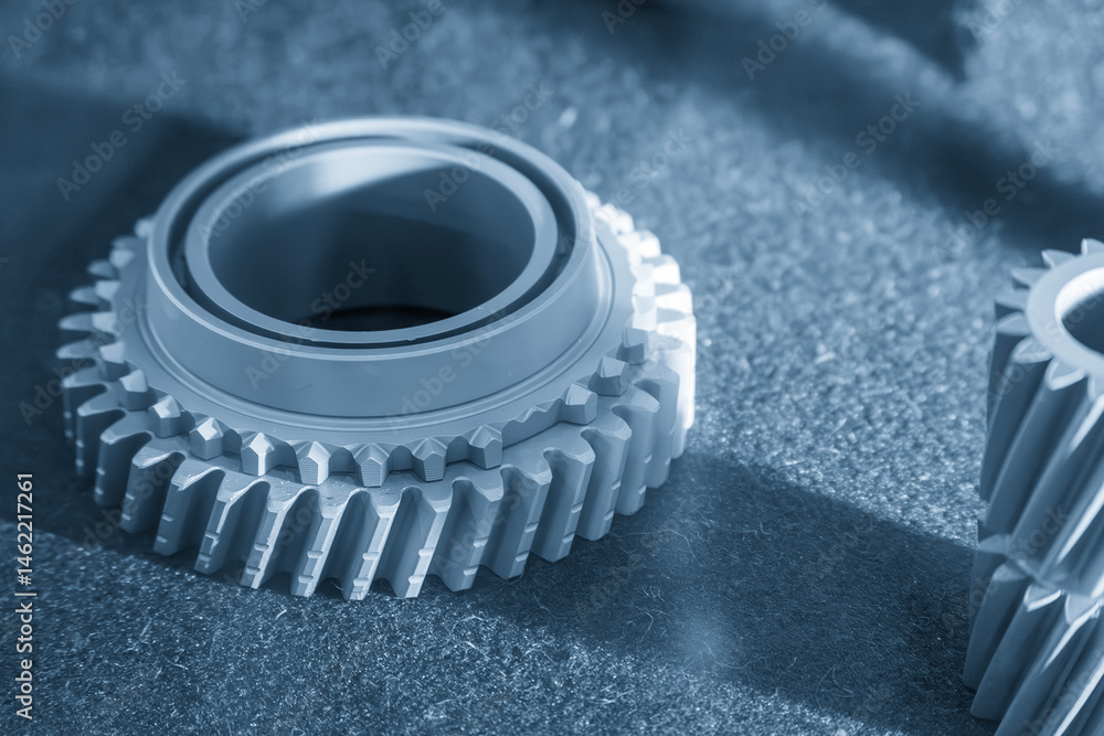 Close up scene small gear shape part from the metal 3D printing method in the light blue scene. Close up scene small gear shape part from the metal 3D printing method in the light blue scene.