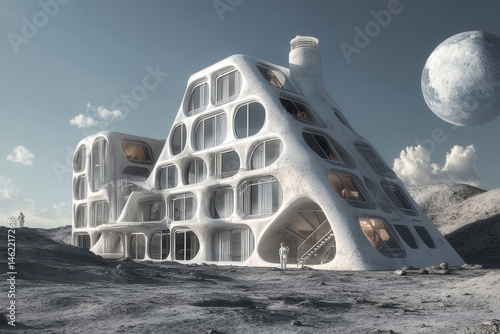 Lunar hotel architecture with regolith construction modules, innovative design for sustainable living on the Moon. photo