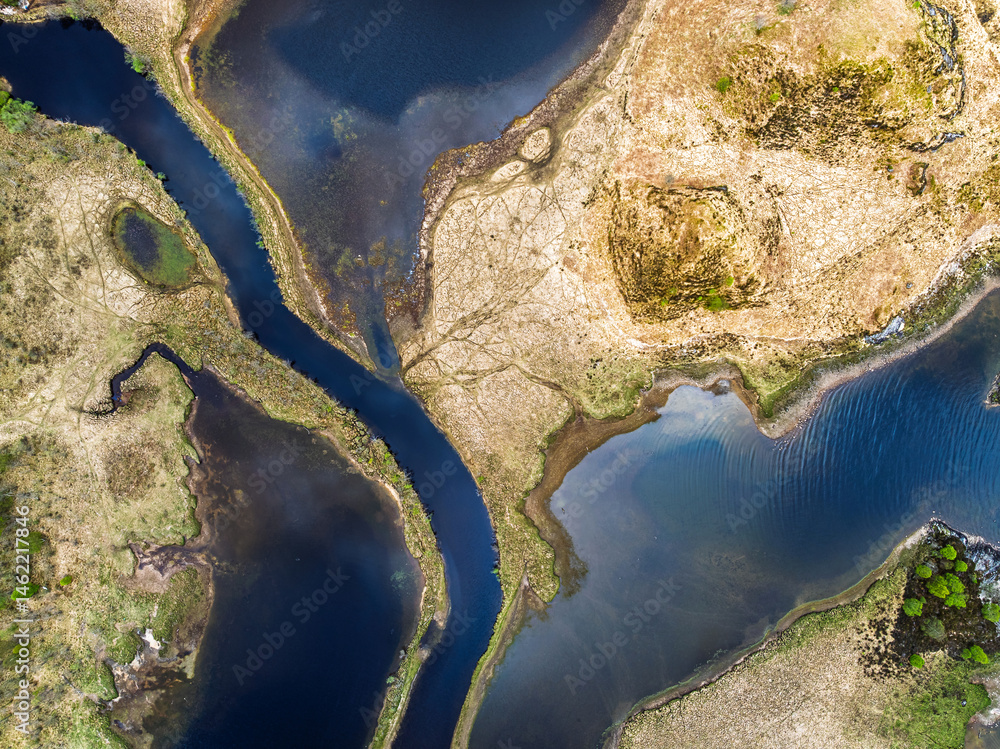 Top Down over Callop River and Marshes from a drone, Loch Shiel, Glenfinnan, West Highland, Scotland