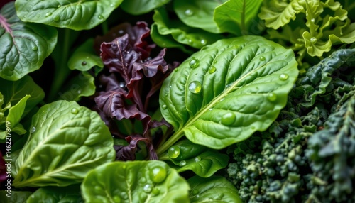 close up shot of a variety of leafy greens such as spinach, kale, and lettuce, with droplets of water glistening on the leaves, showcasing their crisp texture and nutritional value.