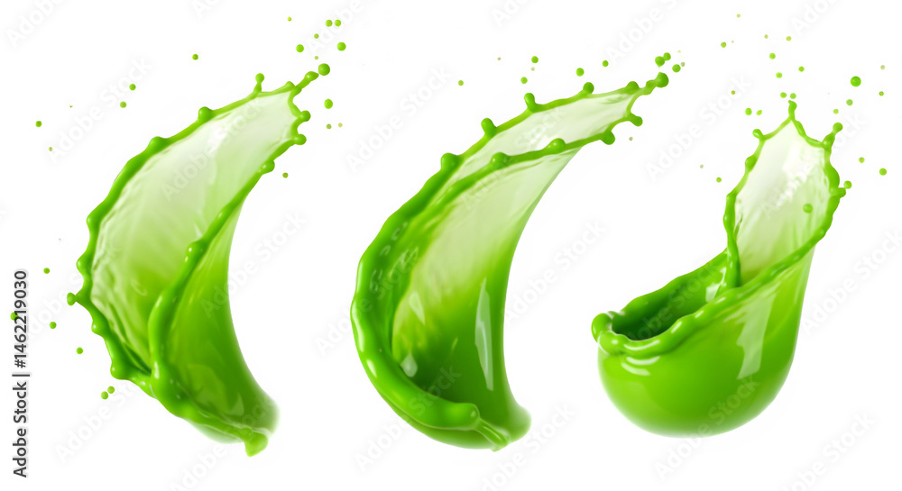 Three vibrant green liquid splashes, dynamic and refreshing.