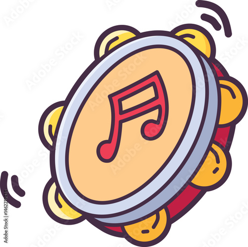 Musical tambourine with music note Vector Illustration Icon. Flat Cartoon Style