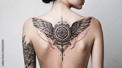 Elegant tattoo design on a woman's back with intricate wings  