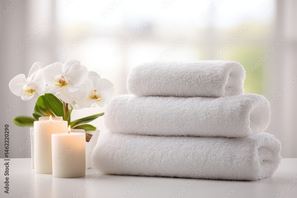 Soft white towels stacked neatly, beside a plant with white orchids and candles on a white surface Soft white towels stacked neatly, beside a plant with white orchids and candles on a white surface