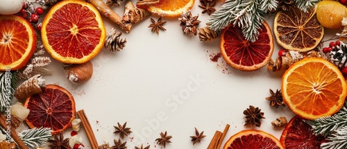 Fototapeta Naklejka Na Ścianę i Meble -  Colorful citrus and spices for festive decor.