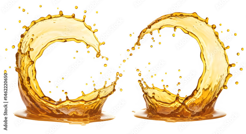 Golden liquid splashes create dynamic, abstract shapes against a black background.
