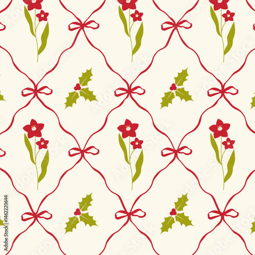 Christmas floral and holly seamless pattern with ribbons. Coquette repeat background with bow knots Vintage holiday Background for wrapping, greeting cards, textile designs and decor.