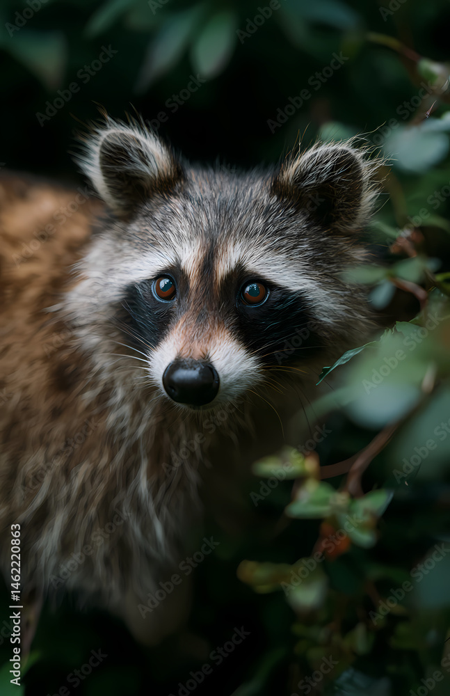 Fototapeta premium Close-Up Portrait of a Raccoon Partially Concealed by Lush Leaves, Showing Alert Eyes and Fur Details, Evoking the Mystery and Natural Beauty of this Common Yet Elusive Mammal in its Habitat