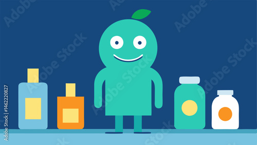 Healthy Person Icon A smiling character with a glowing aura standing next to a table filled with labeled vitamin bottles that indicate different health needs suggesting an
