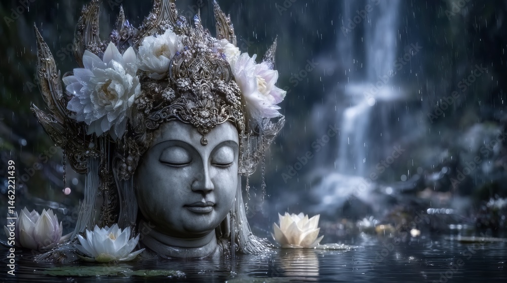 Obraz premium A serene Buddha statue rests by a rain-soaked lotus pond surrounded by soft ripples