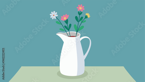 A white ceramic pitcher filled with fresh wildflowers sitting on a side table.