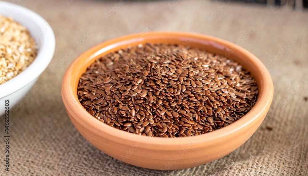 Flax Seeds in Ceramic Bowl at Farmer’s Market Harvest Table Flax Seeds in Ceramic Bowl at Farmer’s Market Harvest Table