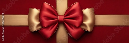 A red and gold bow with gold satin ribbon, isolated on a plain red background