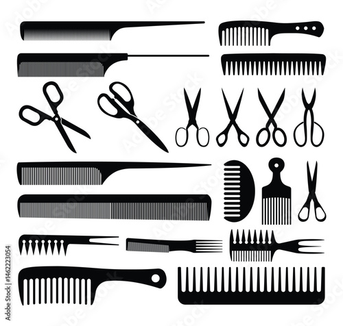 Silhouette Scissors Comb Icon Set