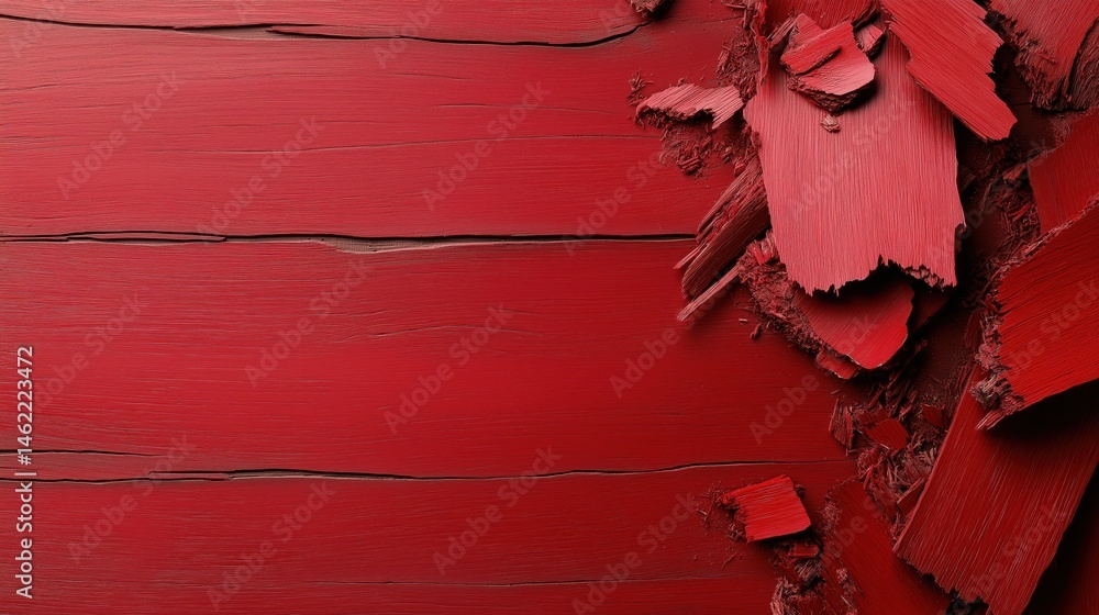 Rustic red particleboard reveals aged wooden texture with sawdust and shavings