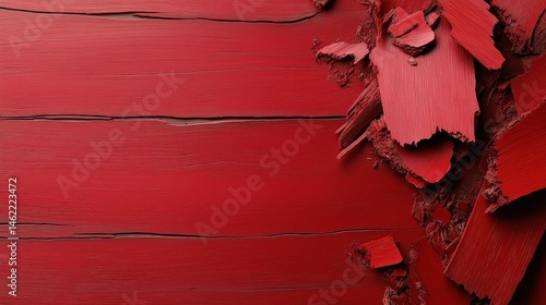 Rustic red particleboard reveals aged wooden texture with sawdust and shavings