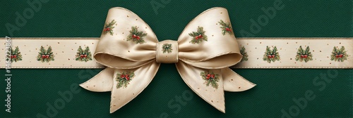 A traditional style Christmas bow with ribbon, embellished in cream and red satin, embellished with Christmas trees,, green background