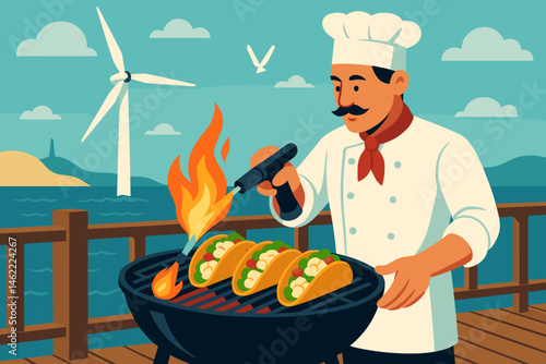 Flat plant‑BBQ scene with taco shells, turbine, and ocean breeze