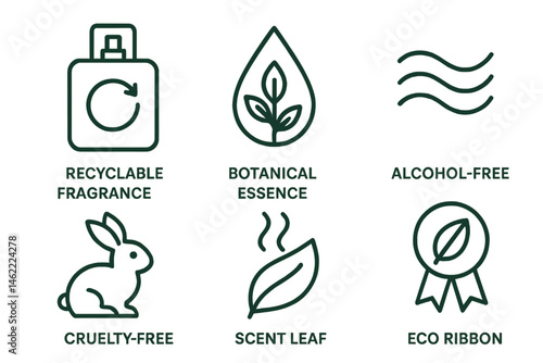 Fragrance‑eco icons linking bottle, drop, wave, bunny, leaf, ribbon