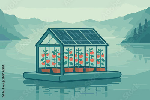 Flat ag‑tech scene with PV pontoons, tomato vines, and volcanic rim