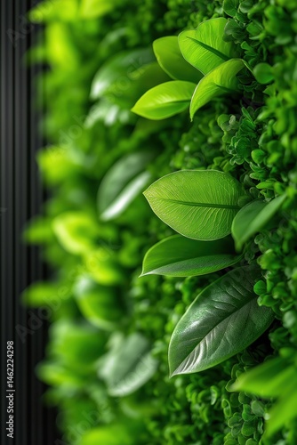 Obraz na płótnie Lush green vertical garden wall enhances modern eco-friendly architecture with tropical foliage w salonie