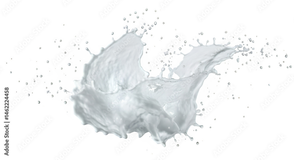 Dynamic splash of liquid, frozen in time. A burst of white against a black background.