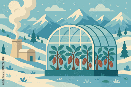 Flat ag‑tech scene with glasshouse, cacao pods, and snowy peaks