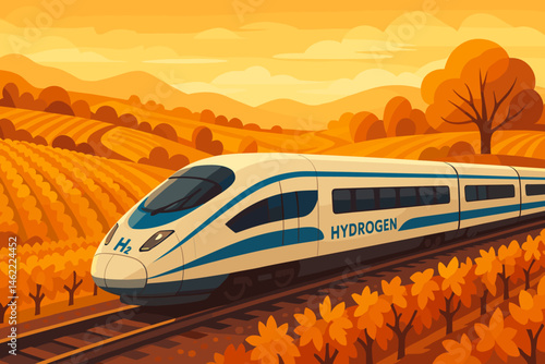 Flat clean‑mobility scene with H₂ train, grape rows, and sunset glow