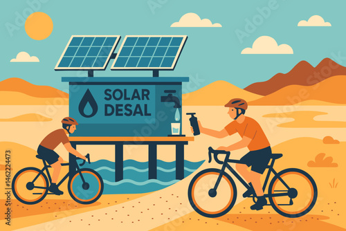 Flat blue‑tech scene with PV shade, bottle refills, and dusty riders