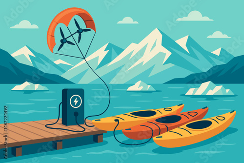 Flat adventure‑tech scene with kite tether, kayak rack, and teal icebergs